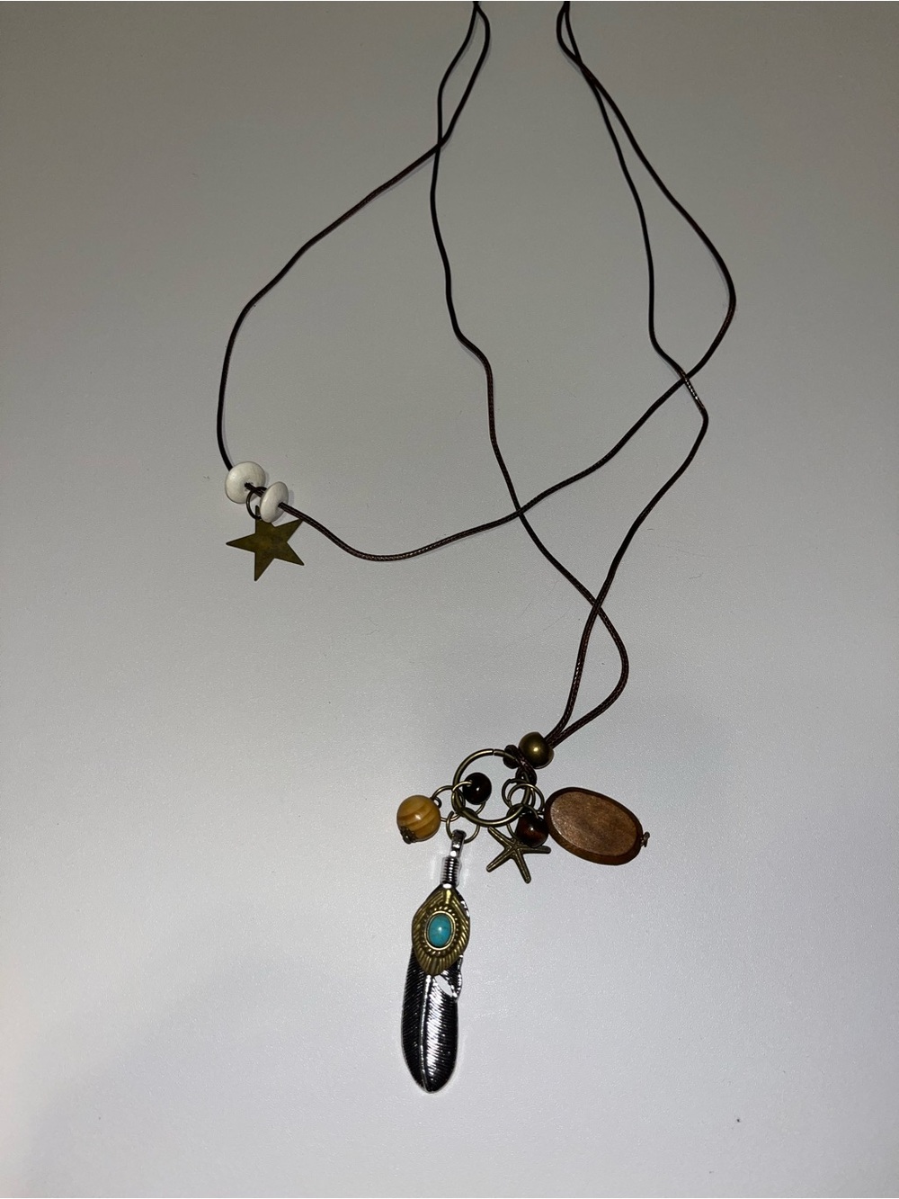 Boho Star & Feather Pendant Necklace in Brown and Gold